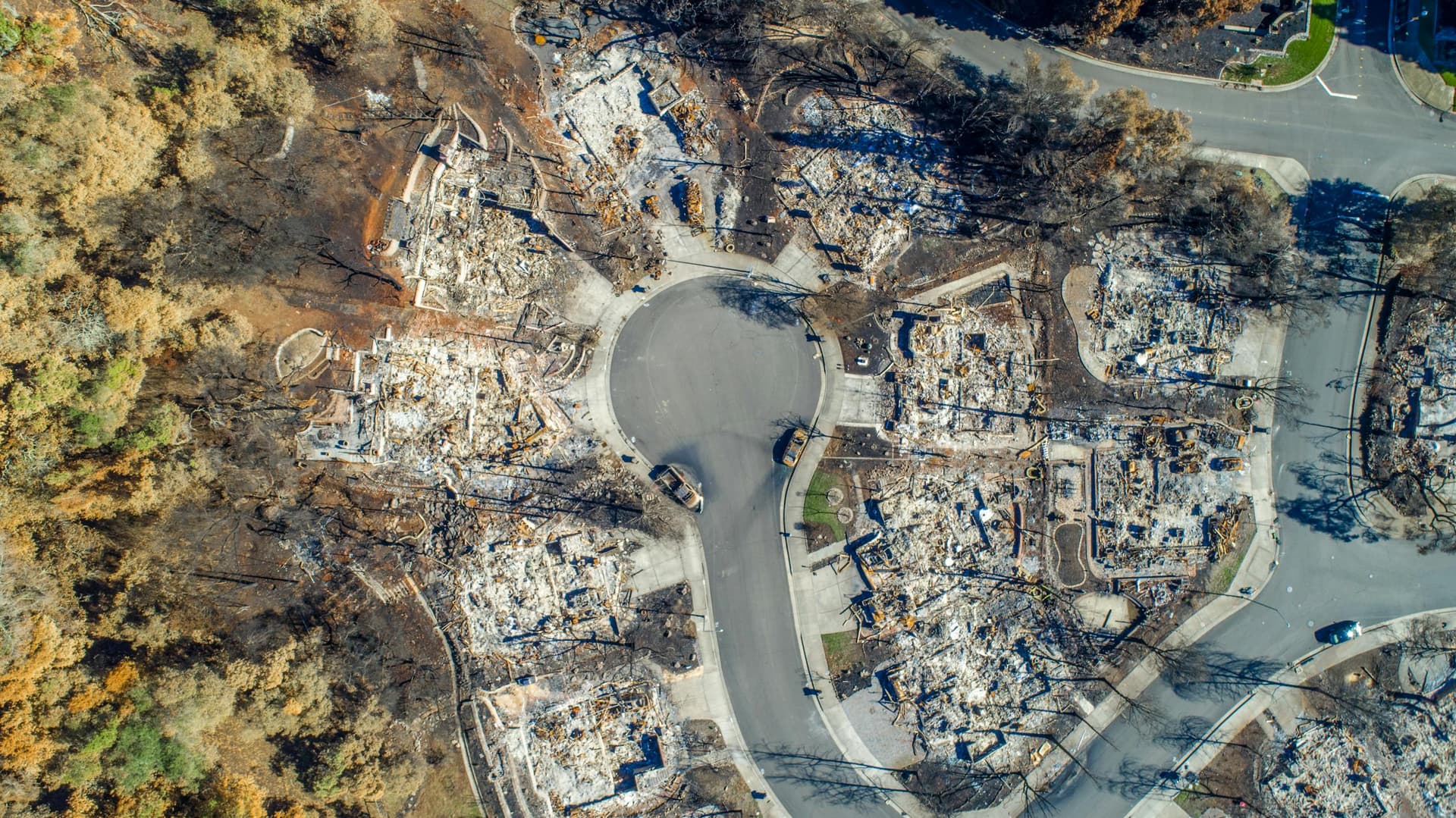 Aerial view of wildfire devastation